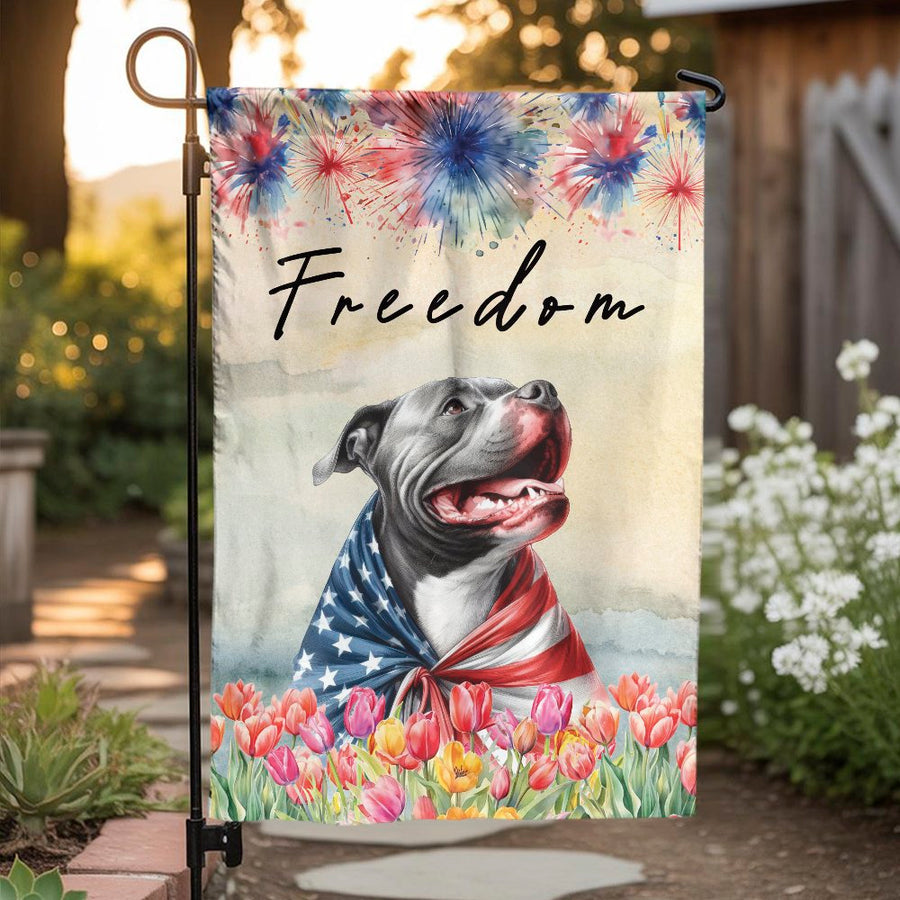 Patriotic Pitbull Garden Flag | Watercolor American Flag Dog Art | Double Sided Polyester | Memorial Day & 4th of July Decor Gift for Dog Lovers