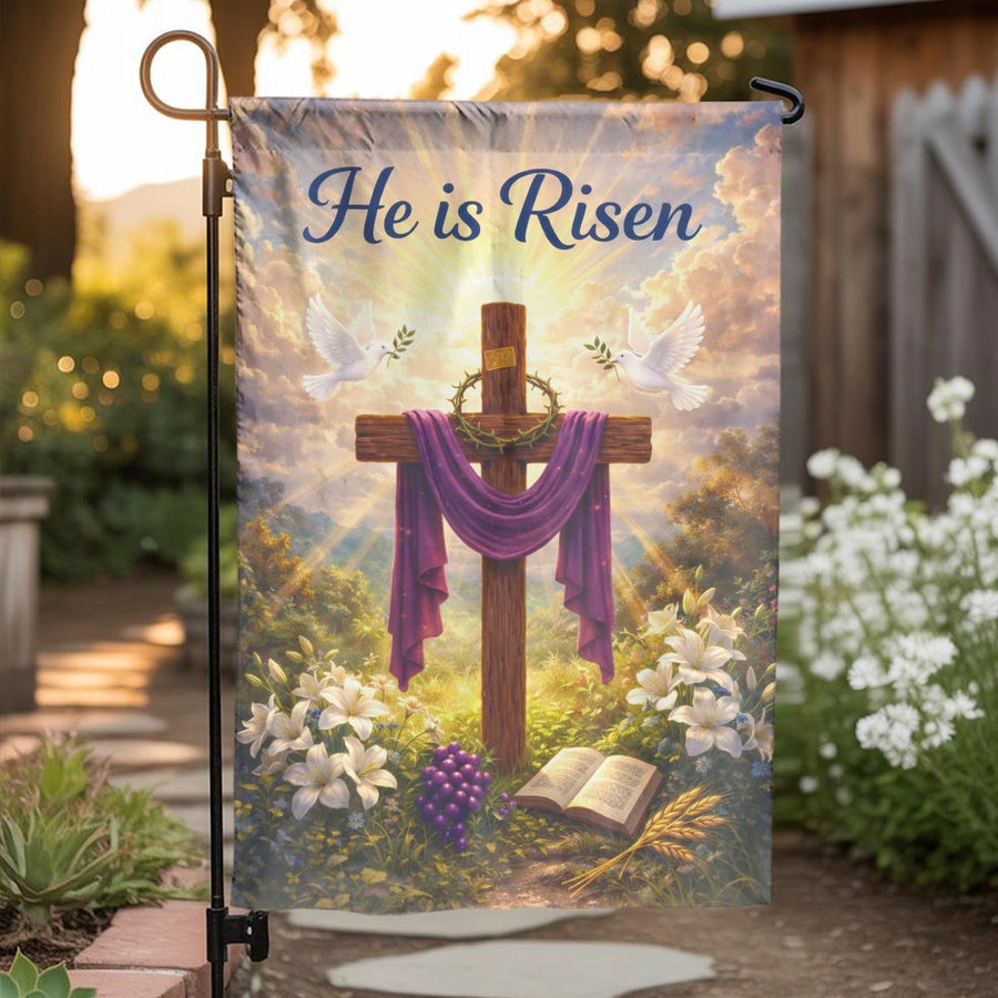 He Is Risen Garden Flag | Double Sided Christian Easter Decor | Weather Resistant Polyester | Religious Yard Art Gift