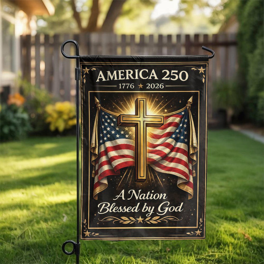 America 250 Garden Flag | Christian Cross & US Flag Design | Weather Resistant Double Sided Polyester | Commemorative Patriotic Gift for Yard Decor