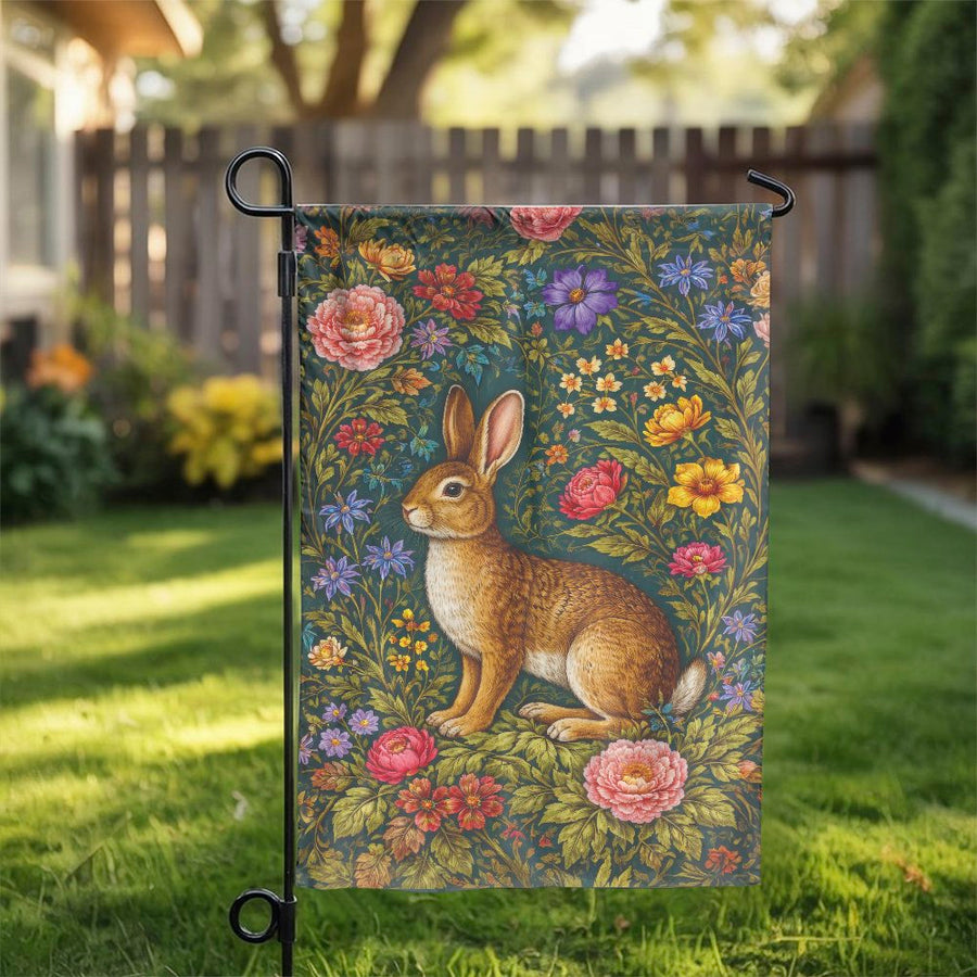 Vintage Floral Bunny Garden Flag | Double-Sided Botanical Rabbit Print | Weather Resistant Polyester | Cottagecore Yard Decor and Gardener Gift