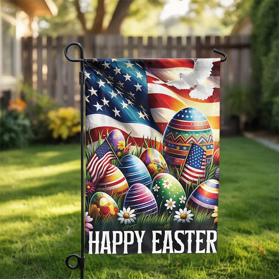 Patriotic Easter Garden Flag | American Flag with Painted Eggs & Dove | Double Sided Weatherproof Fabric | Spring Holiday Yard Decor