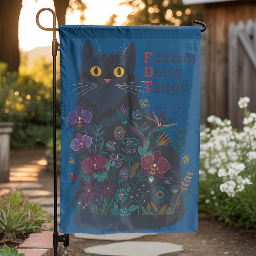Black Cat Garden Flag | Botanical Floral Illustration with Foxtrot Delta Tango | Weather Resistant & Double Sided | Unique Outdoor Decor Gift for Cat Lover