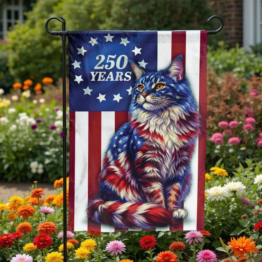 Patriotic Cat Garden Flag | 250 Years American Freedom Design | Weather-Resistant Polyester | 4th of July Yard Decor Gift for Cat Lovers