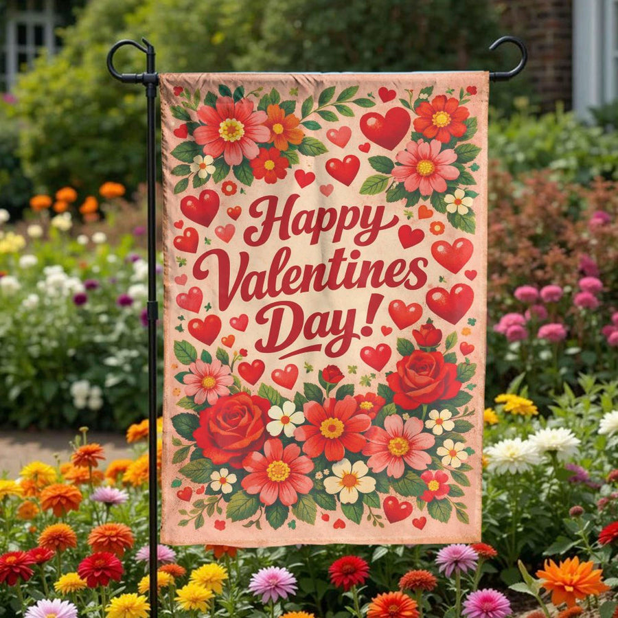 Happy Valentines Day Garden Flag | Double-Sided Vintage Floral Heart Design | Weather-Resistant Polyester | Seasonal Home and Garden Gift