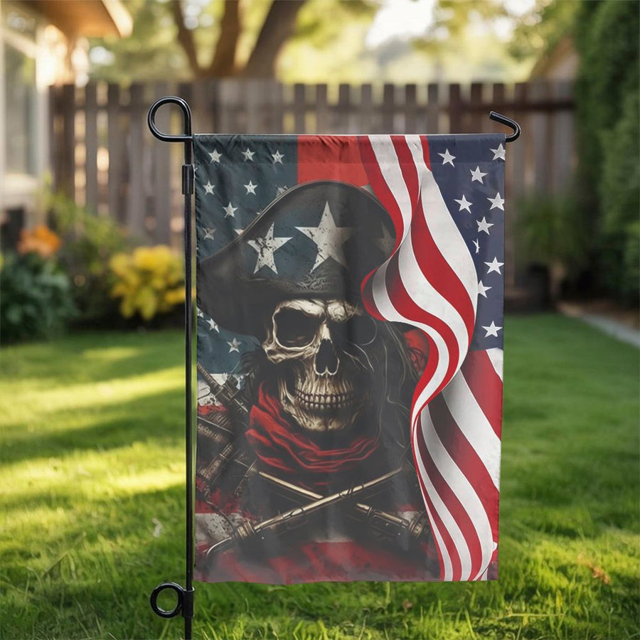 Patriotic Skull Garden Flag | Rebellious Pirate Jolly Roger Design | Weather-Resistant Double Sided Print | Premium Patriotic Yard Decor Gift