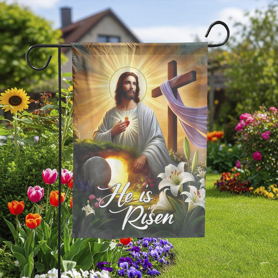 He Is Risen Garden Flag | Jesus Sacred Heart Resurrection Scene | Double Sided Weather Resistant Polyester | Premium Christian Easter Yard Decor