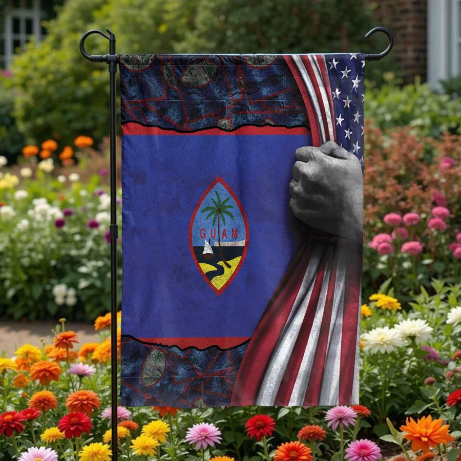 Guam Heritage Garden Flag | Guam Flag Revealed Behind USA Flag | Double Sided Weather Resistant Fabric | Patriotic Gift for Guamanian American