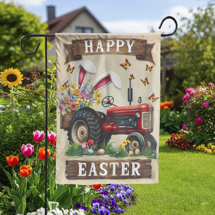 Happy Easter Garden Flag | Vintage Tractor with Bunny Ears & Flowers | Double Sided Polyester | Spring Farmhouse Yard Decor Gift