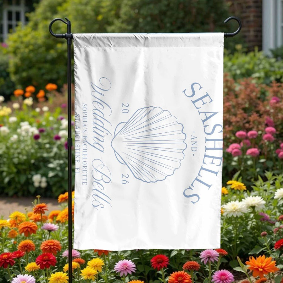 Bachelorette Garden Flag | Coastal Seashells & Wedding Bells Theme | Double Sided Polyester | Beach Party Decor for Bride to Be