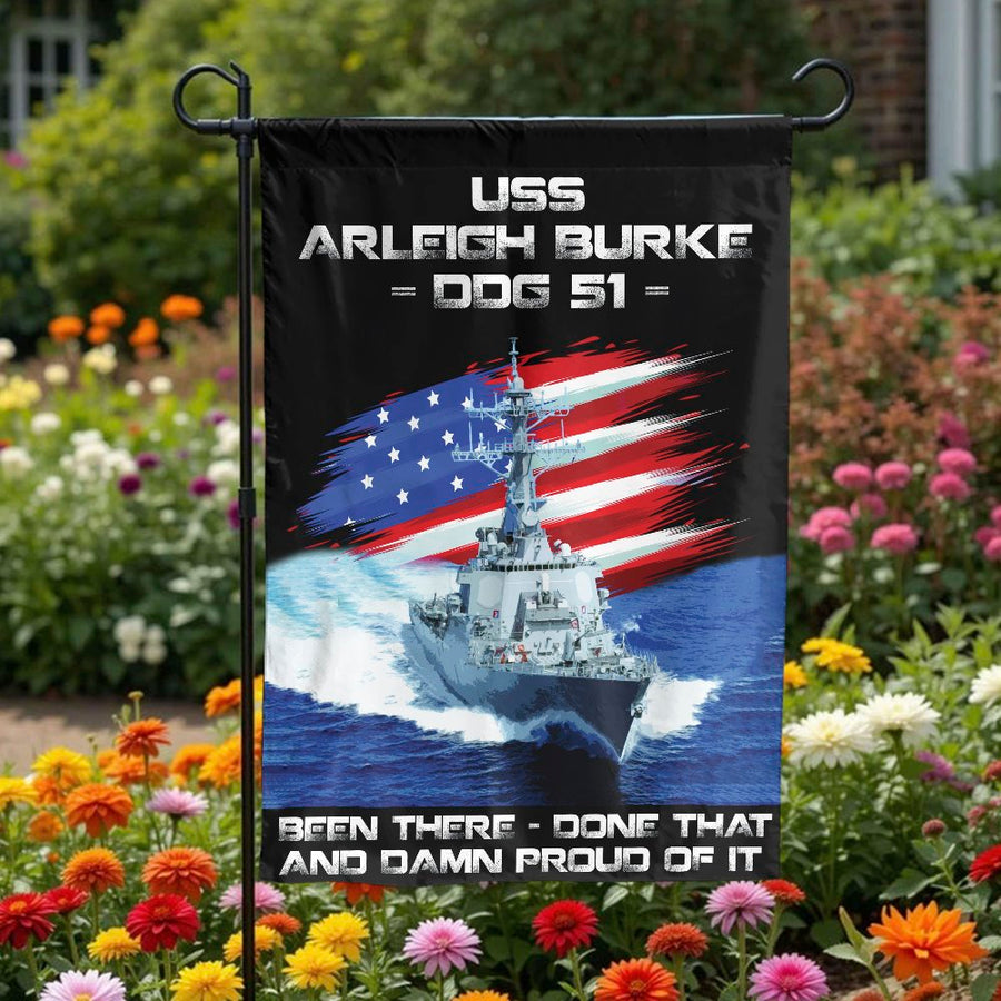 USS Arleigh Burke DDG 51 Garden Flag | Patriotic Navy Destroyer Design | Double Sided Weatherproof Banner | Gift for US Navy Veteran