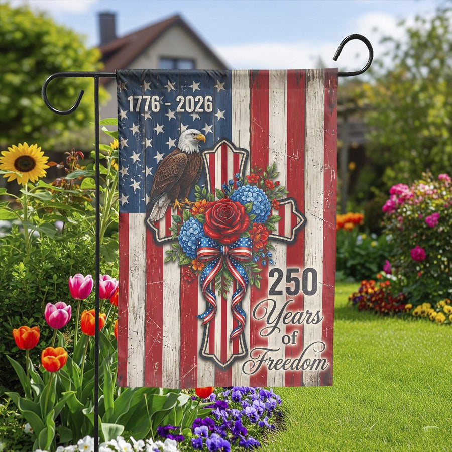 Patriotic 250th Anniversary Garden Flag | Rustic American Flag with Eagle & Cross | Double Sided Weather Resistant Polyester | Commemorative USA 2026 Yard Decor
