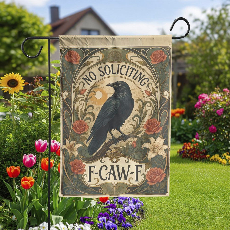 No Soliciting Garden Flag | Funny Raven Art Nouveau Design | Double Sided Premium Fabric | Humorous Outdoor Yard Decor Gift