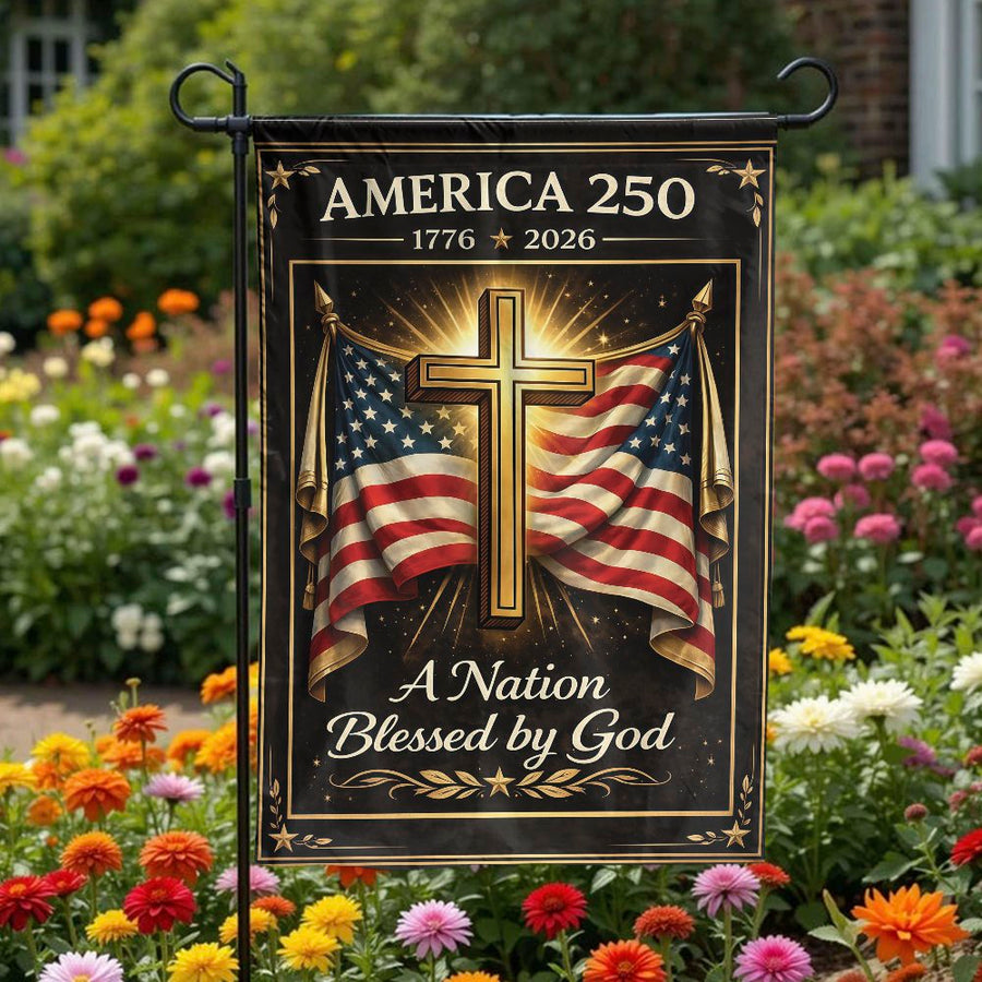 America 250 Garden Flag | Patriotic Christian Cross & US Flag Design | Double Sided Fade Resistant Polyester | Commemorative Yard Decor Gift