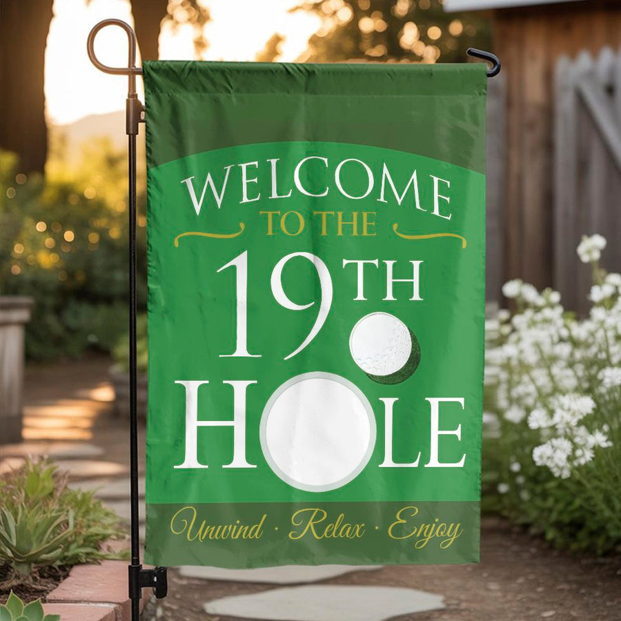 Welcome to the 19th Hole Garden Flag | Double Sided Golf Theme Welcome Sign | Weather Resistant Polyester | Outdoor Decor Gift for Golfer