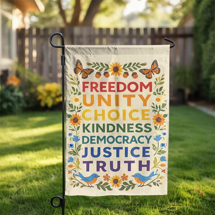 Freedom and Unity Garden Flag | Inspirational Rainbow Values Design | Double Sided Polyester Banner | Premium Progressive Yard Decor