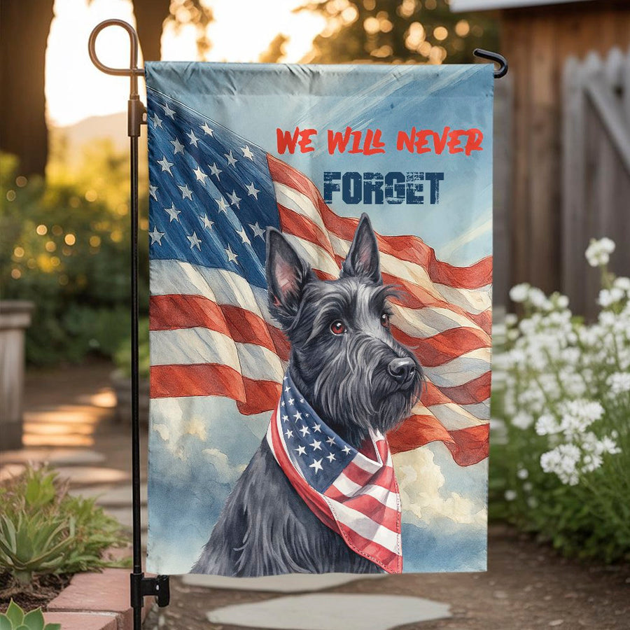 Patriotic Scottie Dog Garden Flag | We Will Never Forget USA Flag Design | Double-Sided Weather-Resistant Fabric | Memorial Day Gift for Dog Owner