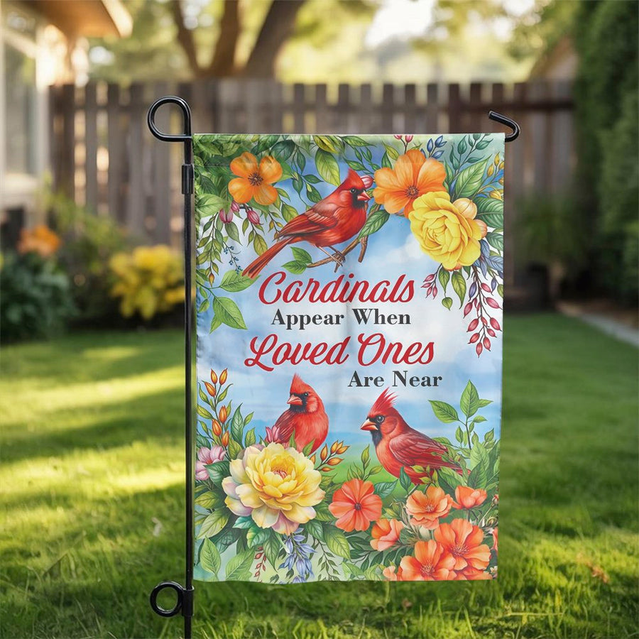 Cardinal Memorial Garden Flag | "Loved Ones Are Near" Quote & Floral Art | Double Sided Polyester | Sympathy Remembrance Gift for Yard Decor