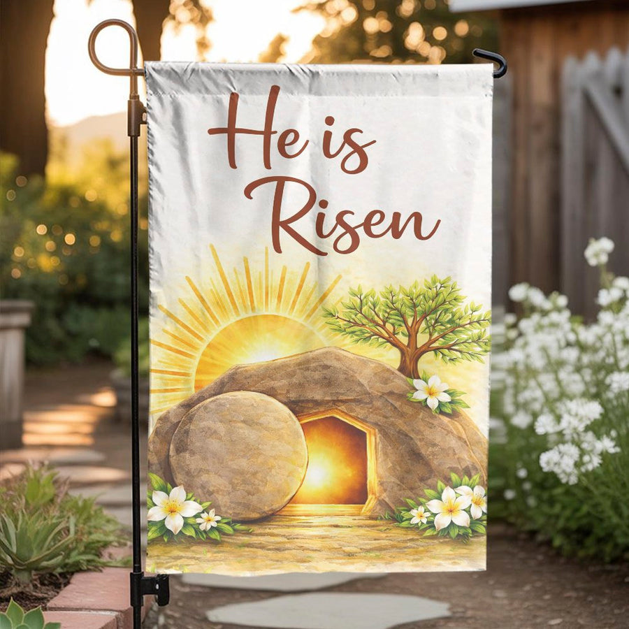 He is Risen Garden Flag | Christian Easter Empty Tomb Scene | Double Sided Polyester | Religious Holiday Yard Decor Gift