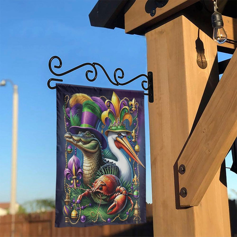 Mardi Gras Garden Flag | Alligator, Pelican & Crawfish Trio | Double Sided Polyester | Seasonal New Orleans Yard Decor Gift