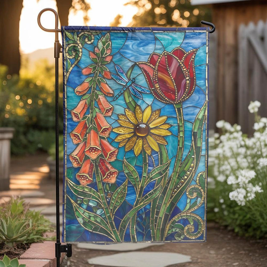 Stained Glass Floral Garden Flag | Vibrant Tulip & Dragonfly Mosaic Art | Double Sided Weatherproof Polyester | Outdoor Decor Gift for Gardener