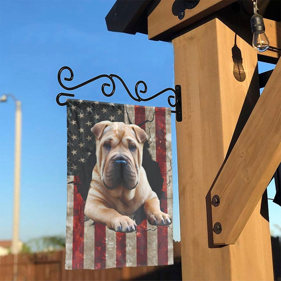 Shar Pei Dog Garden Flag | Distressed American Flag Art | Double Sided Weather Resistant Polyester | Gift for Shar Pei Mom Dad