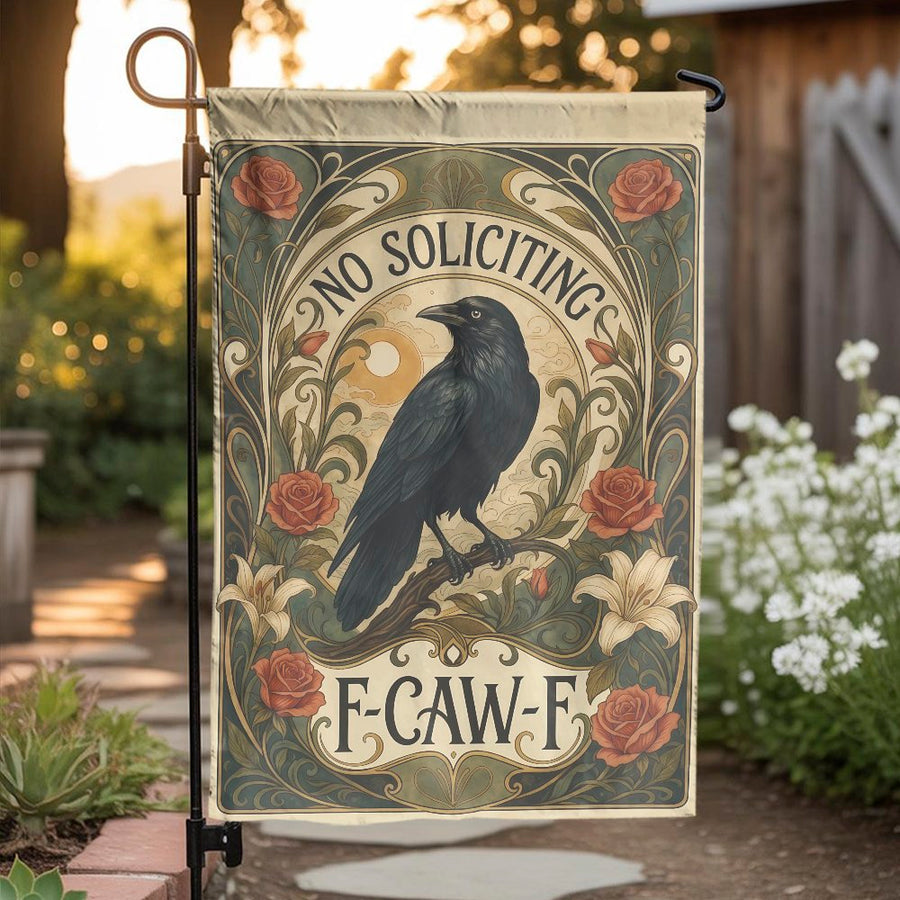 No Soliciting Garden Flag | Funny Raven Art Nouveau Design | Double Sided Premium Fabric | Humorous Outdoor Yard Decor Gift