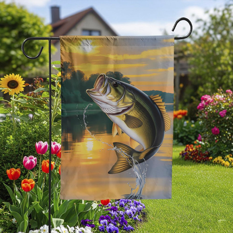 Bass Fishing Garden Flag | Jumping Largemouth Bass Illustration | Weather Resistant Polyester | Outdoor Decor Gift for Fisherman