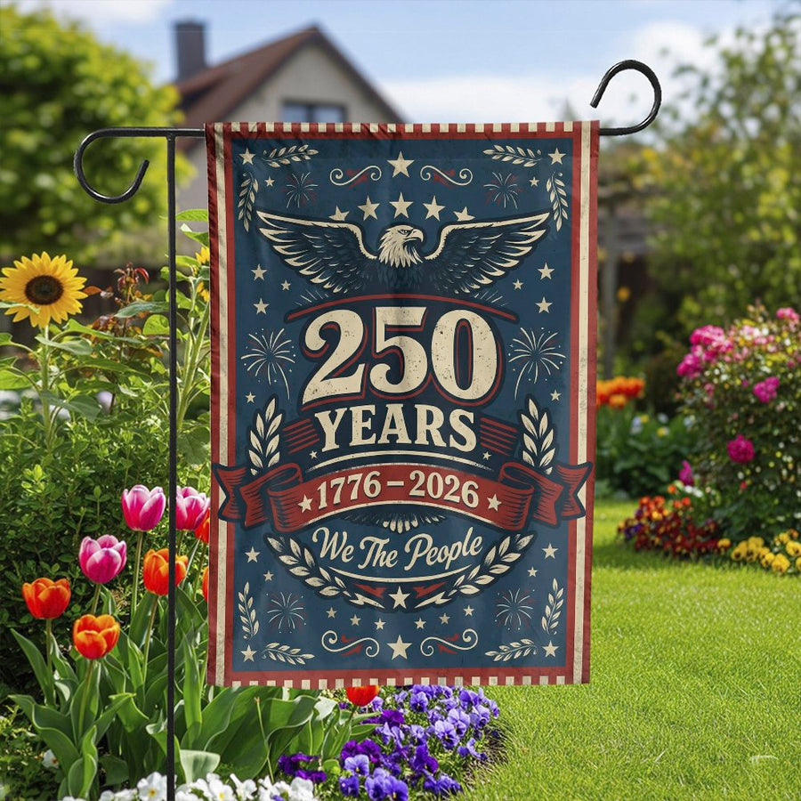 Drapeau de jardin du 250e anniversaire des États-Unis | Aigle vintage « We The People » 1776-2026 | Bannière en polyester double face | Décoration patriotique commémorative pour jardin