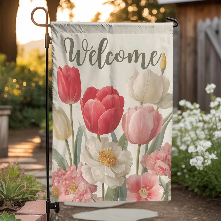 Welcome Garden Flag | Spring Tulips & Peonies Illustration | Double-Sided Polyester Fabric | Seasonal Yard & Porch Decor Gift