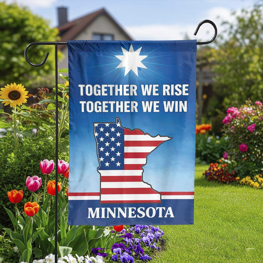 Minnesota Garden Flag | American Flag State Outline with Together We Rise Slogan | Double Sided Polyester | Patriotic Yard Decor Gift for Minnesotans