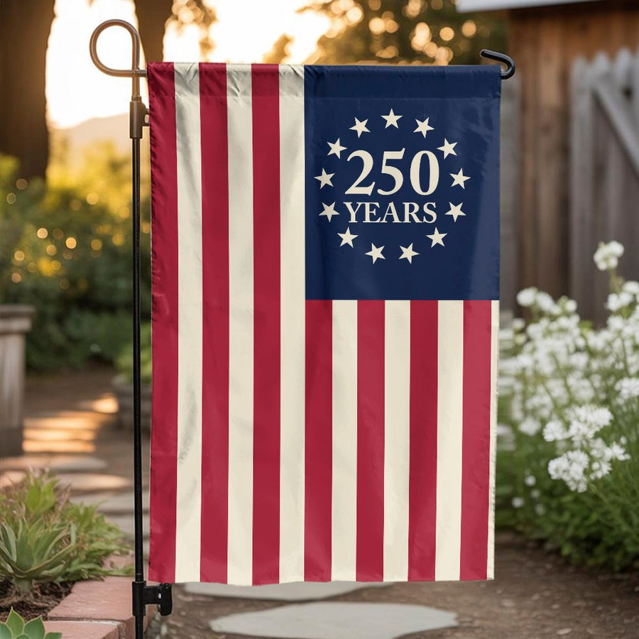 250th Anniversary USA Garden Flag | Commemorative Betsy Ross 13 Star Design | Double Sided Weather Resistant Fabric | Patriotic Home Decor Gift