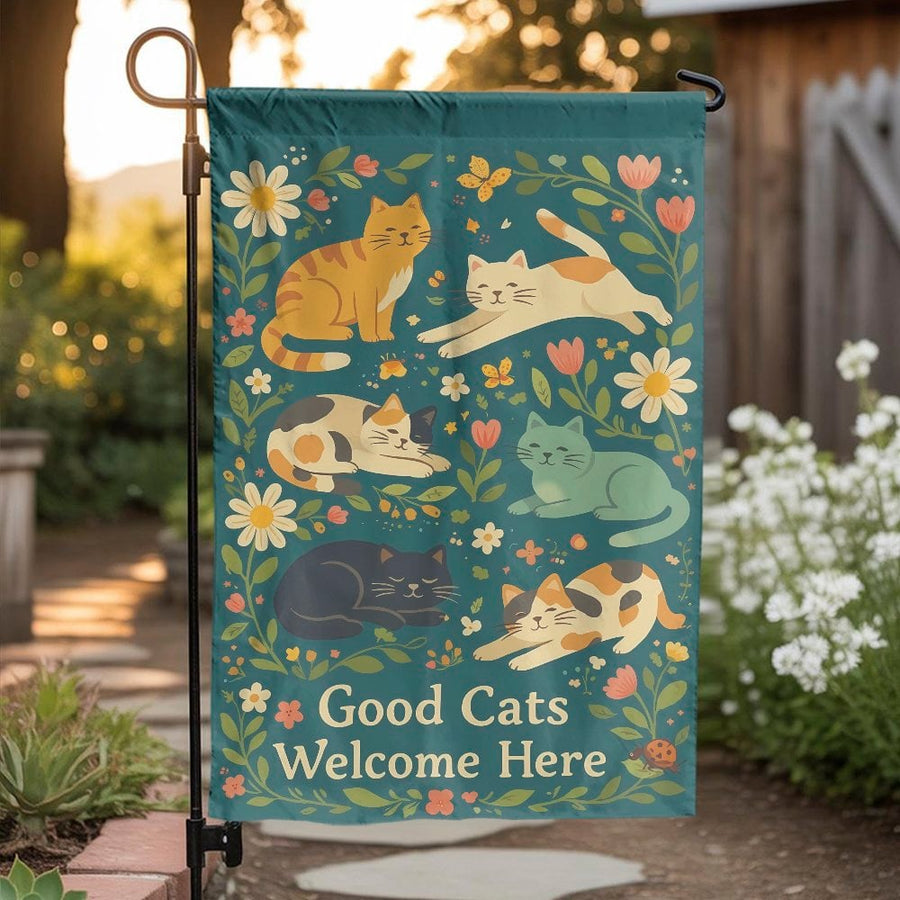 Cute Cats Garden Flag | Good Cats Welcome Here Sign | Premium Double Sided Polyester | Gift for Cat Lover Yard & Patio Decor