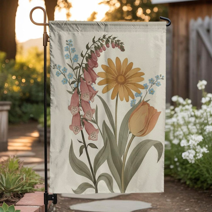 Vintage Floral Garden Flag | Wildflower Botanical Illustration | Premium Weather-Resistant Fabric | Double Sided Yard & Patio Decor Gift