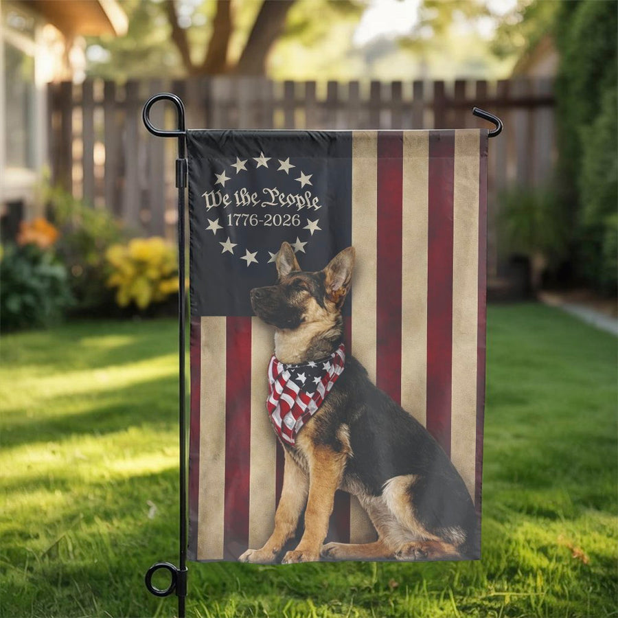Patriotic German Shepherd Garden Flag | We the People Vintage American Flag Design | Double Sided Polyester | USA Yard Decor Gift for Dog Lovers