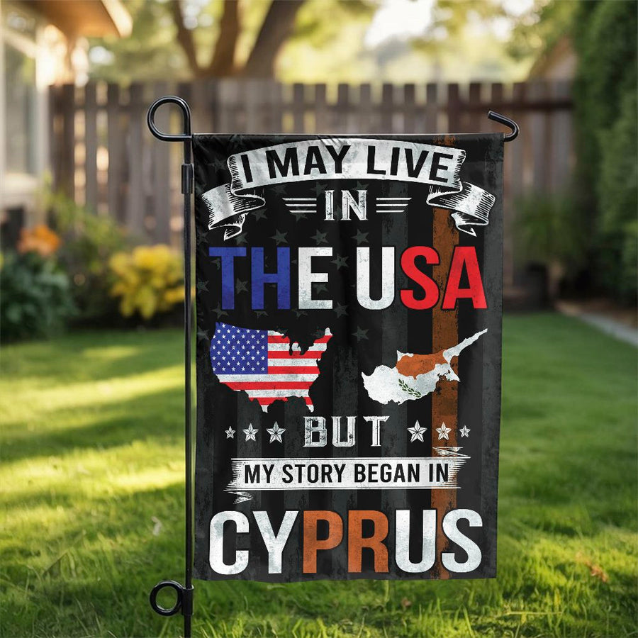 Cypriot American Garden Flag | My Story Began in Cyprus Design | Weather-Resistant Polyester | Patriotic Gift for Immigrant Family