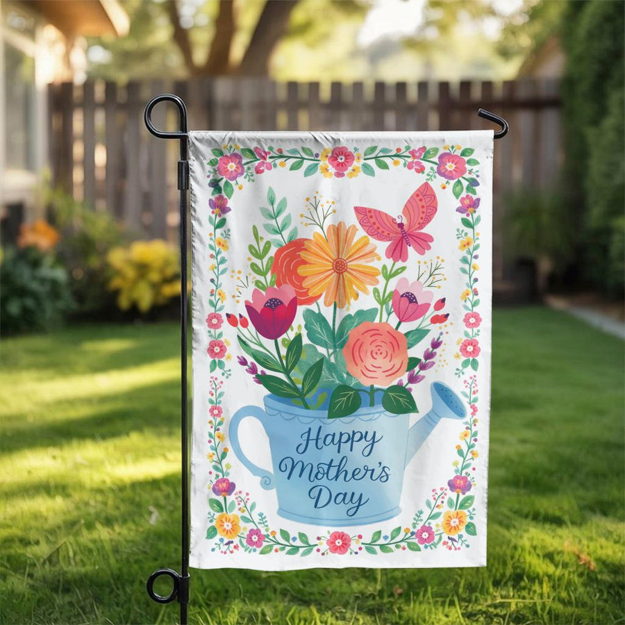 Happy Mother's Day Garden Flag | Watering Can Floral Design | Double Sided Weather-Resistant Polyester | Outdoor Yard Decor Gift for Mom
