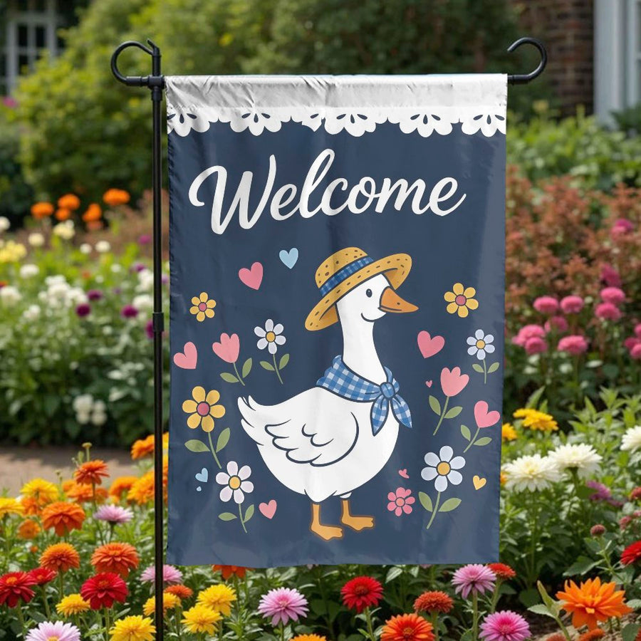 Welcome Garden Flag | Cute Goose with Straw Hat & Flowers | Weather-Resistant Polyester | Cottagecore Outdoor Yard Decor