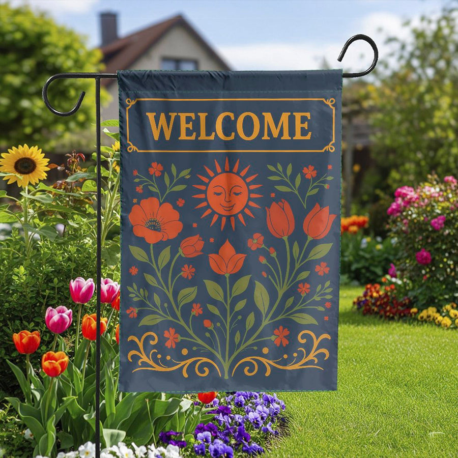 Welcome Garden Flag | Retro Floral Sun Design | Double Sided Polyester | Seasonal Yard Decor for Home & Patio