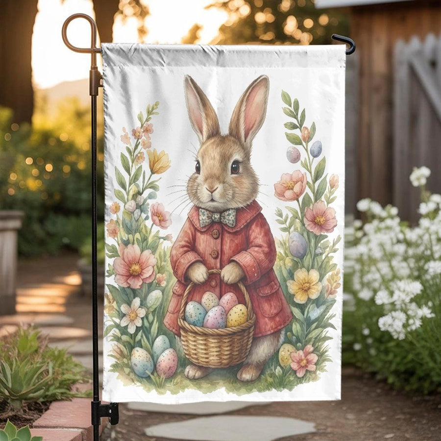 Easter Bunny Garden Flag | Watercolor Rabbit with Egg Basket | Double-Sided Premium Polyester | Outdoor Spring Decor Gift