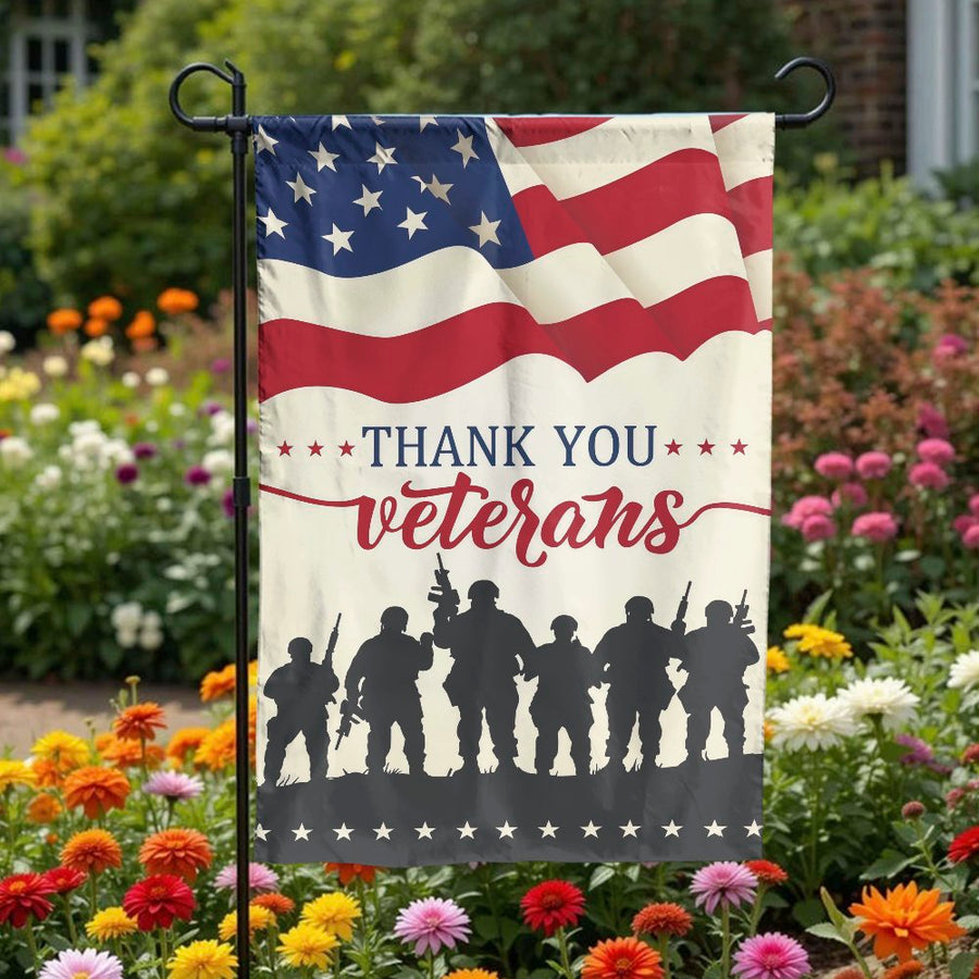 Thank You Veterans Garden Flag | American Flag Soldier Silhouette | Weather-Resistant Outdoor Decor | Premium Gift for Military Families