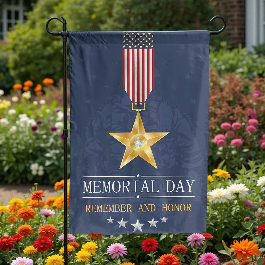 Memorial Day Garden Flag | Remember and Honor Soldier Medal | Double Sided Weather-Resistant Fabric | Patriotic Yard Decor Gift
