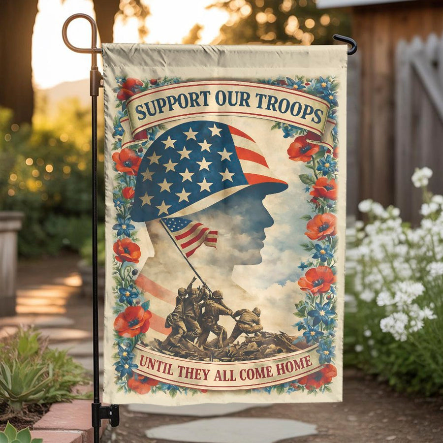 Support Our Troops Garden Flag | Vintage Soldier Silhouette & Poppy Art | Double Sided Weather Resistant | Patriotic Yard Decor Gift for Veterans
