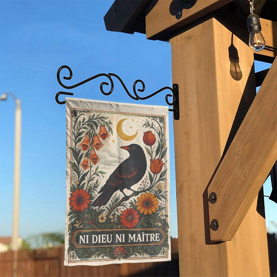 Anarchist Garden Flag | Vintage Crow with 'Ni Dieu Ni Maître' Slogan | Double Sided Polyester | Folk Art Botanical Outdoor Decor Gift