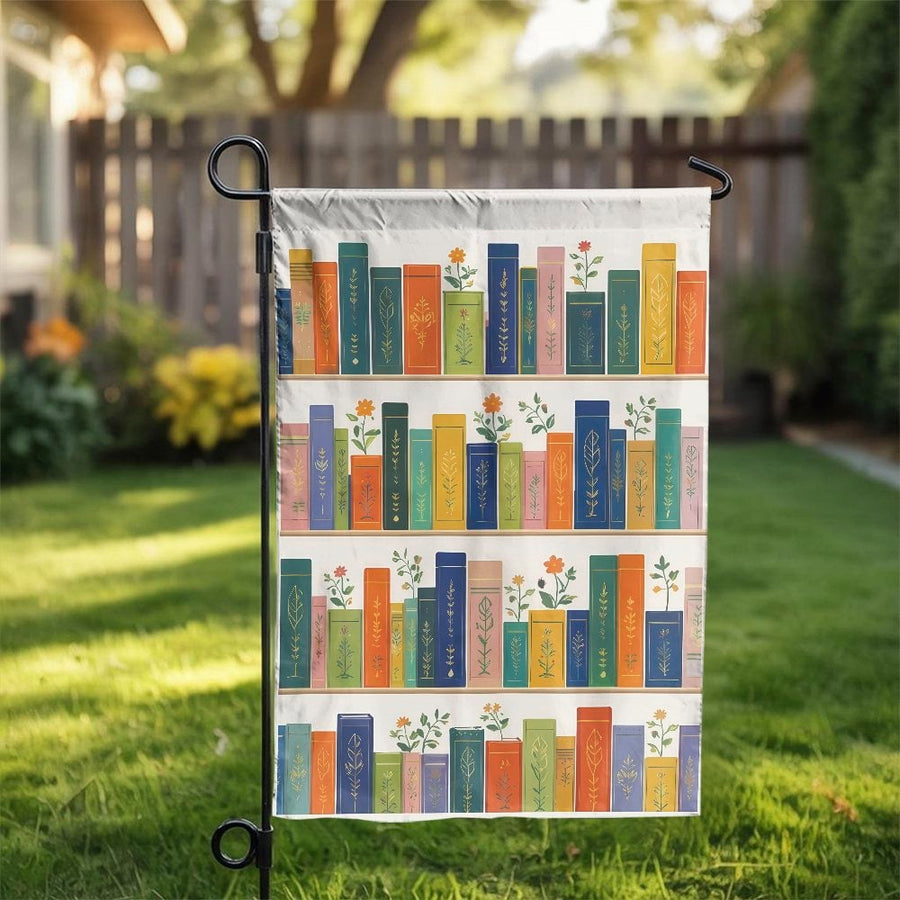 Bookshelf Garden Flag | Floral Book Spine Art Print | Double Sided Weather-Resistant Decor | Gift for Book Lovers & Librarians
