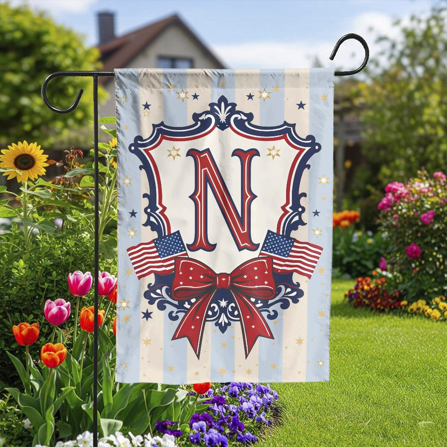 Patriotic Monogram N Garden Flag | Vintage Americana Style with US Flags | Double Sided Polyester | Outdoor Yard & Home Decor Gift