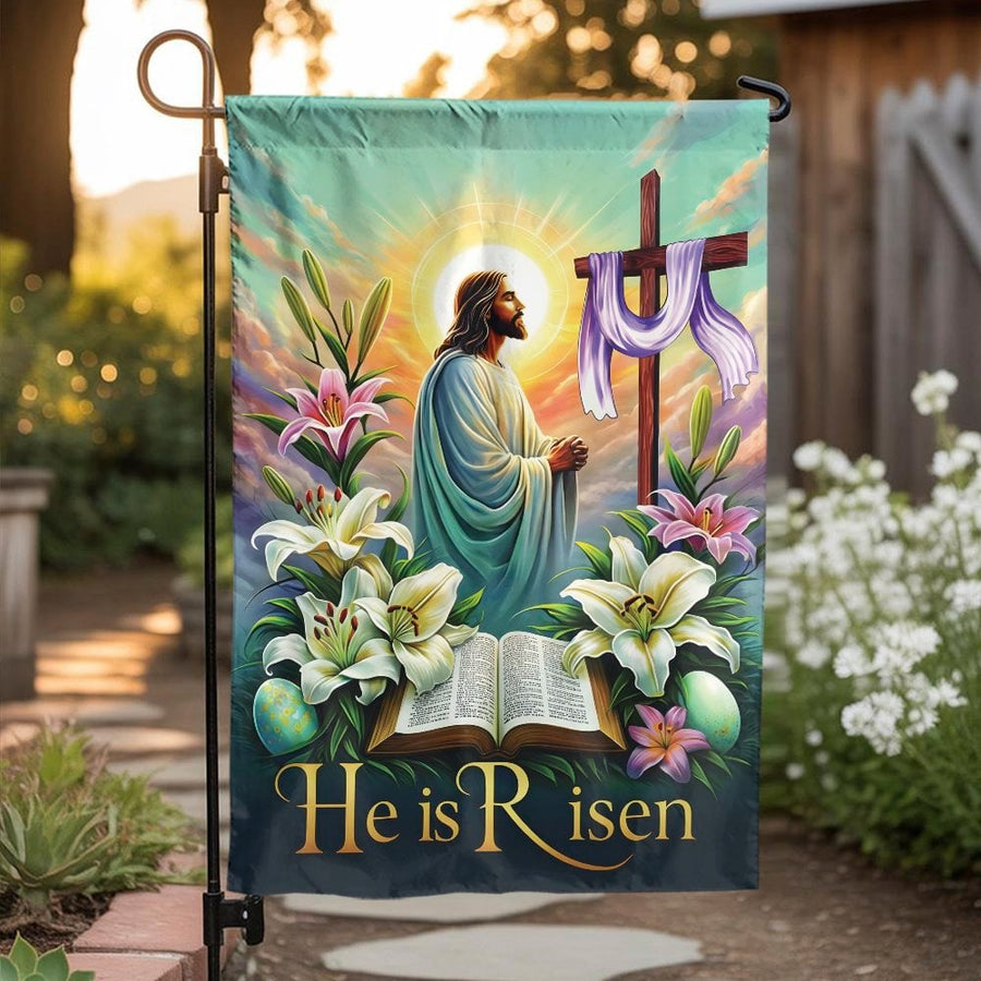 He is Risen Garden Flag | Jesus Resurrection Scene with Lilies | Weather-Resistant Polyester | Christian Outdoor Decor Gift