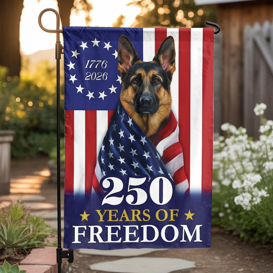 Patriotic German Shepherd Garden Flag | 250th Anniversary American Flag Design | Double Sided Weatherproof Polyester | Gift for Dog Lover