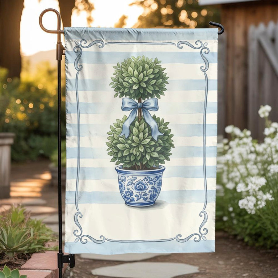 Topiary Garden Flag | Watercolor Boxwood in Chinoiserie Pot | Double-Sided Weather Resistant Fabric | Welcome Home Decor Gift
