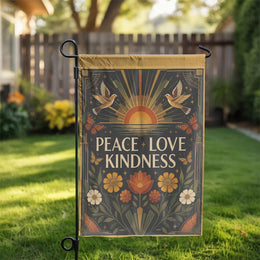 Peace Love Kindness Garden Flag | Retro Art Deco Double Sided Print | Premium Weather-Resistant Polyester | Outdoor Yard & Patio Decor Gift