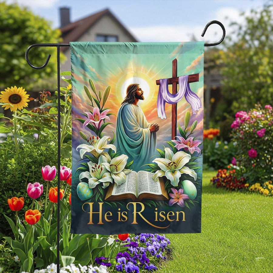 He is Risen Garden Flag | Jesus Resurrection Scene with Lilies | Weather-Resistant Polyester | Christian Outdoor Decor Gift
